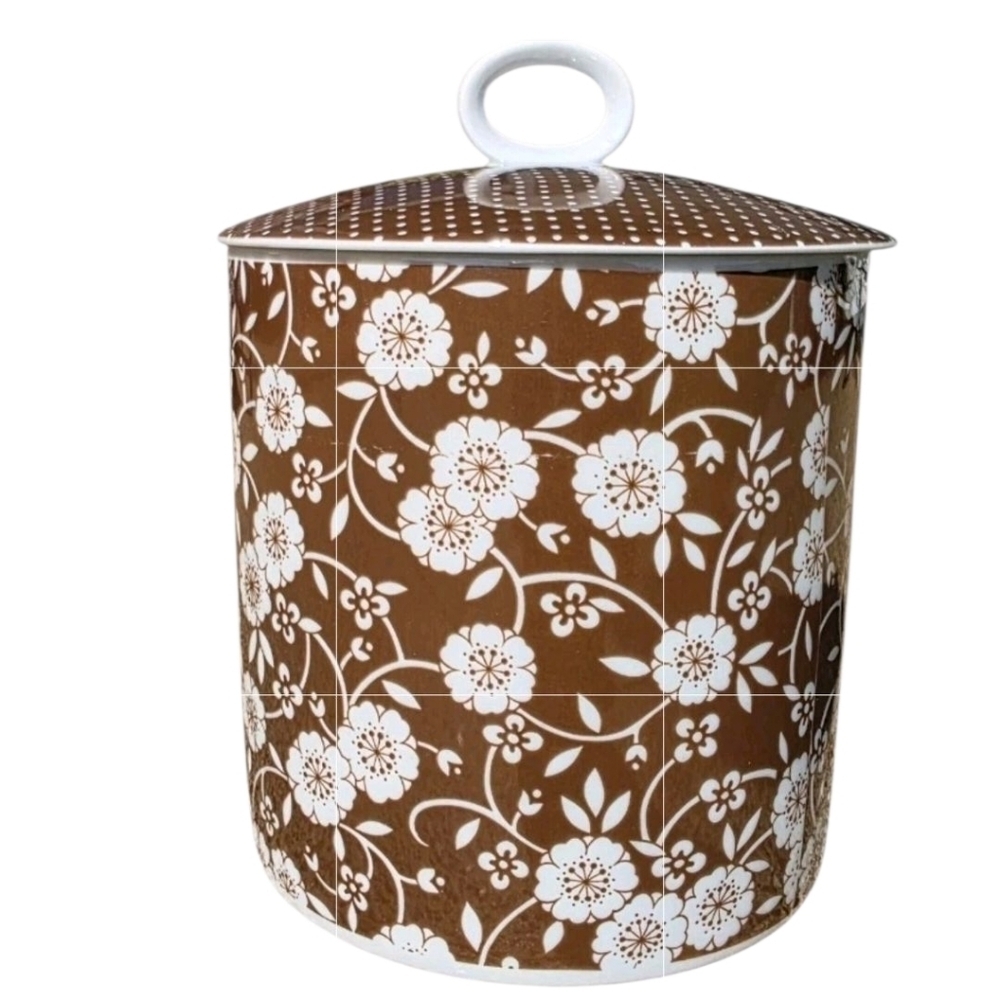 Vintage Calicot Shafford Canister Cookie Jar Brown Floral Polka Dot Antique Deco